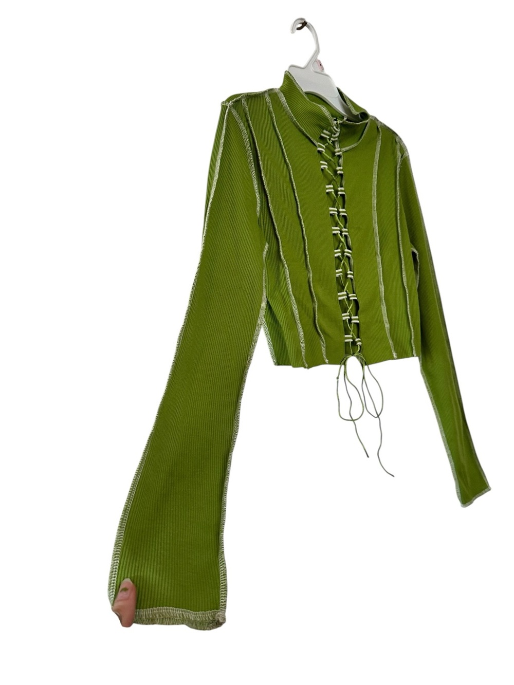 Lime Green Lace-Up Ribbed Long Sleeve Top - Picture 5 of 5